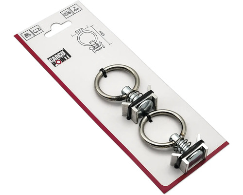 Zwei Cargo Point Zurrösen aus verzinktem Metall für Schienen, geeignet für Anhänger und Camping, Cargo Point Logo.