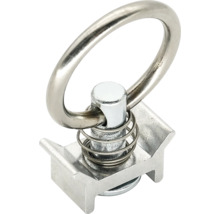Endbeschlag mit Ring für Zurrschienen aus Metall mit Federmechanismus zur Ladungssicherung.