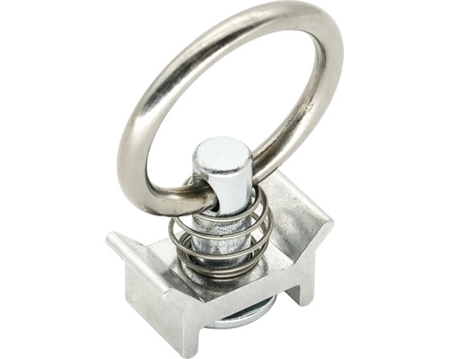 Endbeschlag mit Ring für Zurrschienen aus Metall mit Federmechanismus zur Ladungssicherung.