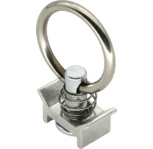 Endbeschlag für Zurrschienen mit Ring aus Metall, federbelastet für die Ladungssicherung.