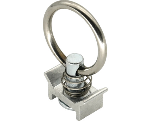 Endbeschlag für Zurrschienen mit Ring aus Metall, federbelastet für die Ladungssicherung.