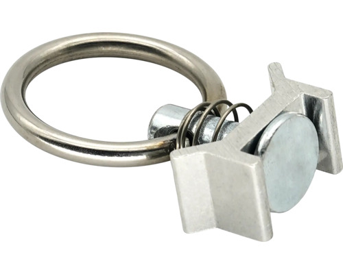 Einzelfitting mit Ring für Zurrschienen aus Metall zur Ladungssicherung.