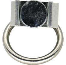 Silberfarbener Metall-Ringgriff für Möbel mit rechteckiger Montageplatte.