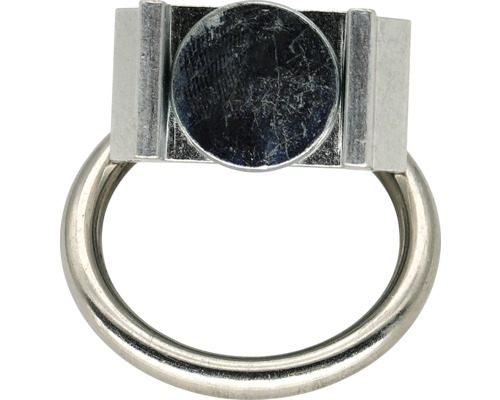 Silberfarbener Metall-Ringgriff für Möbel mit rechteckiger Montageplatte.