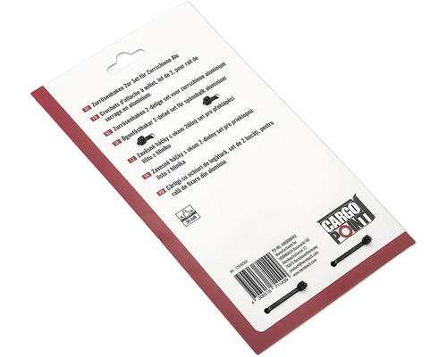 Rückseite der Verpackung für ein Zurrösenhaken-Set für Aluminium-Zurrschienen, Belastbarkeit 50 Dekanewton, Cargo Point Logo.