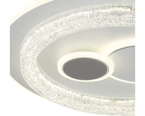 Moderne LED-Deckenleuchte mit Kristalleffekt-Ring und runden Leuchtelementen.
