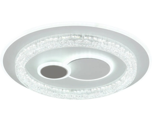 Moderne runde LED Deckenleuchte mit Kristall Effekt Ring und zwei integrierten kreisförmigen Lichtfeldern.