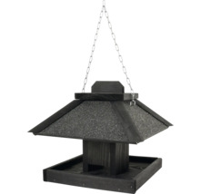 Vogelhaus aus schwarzem Holz zum Aufhängen mit Bitumendach und Metallkette