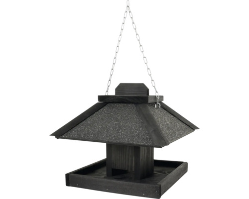 Vogelhaus aus schwarzem Holz zum Aufhängen mit Bitumendach und Metallkette