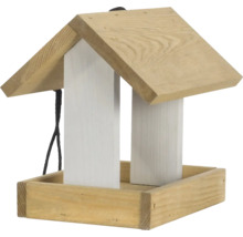 Vogelhaus aus Holz mit weißem Mittelteil und naturfarbenem Dach zum Aufhängen.