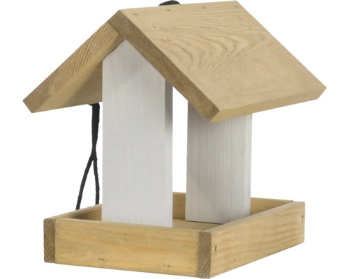 Vogelhaus aus Holz mit weißem Mittelteil und naturfarbenem Dach zum Aufhängen.