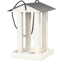 Hängendes Vogelhaus aus Holz mit Giebeldach und vier Säulen.