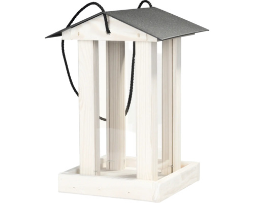 Hängendes Vogelhaus aus Holz mit Giebeldach und vier Säulen.