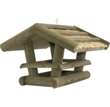 Rustikales Vogelhaus aus Holz mit Reetdach und Metallhaken zum Aufhängen.