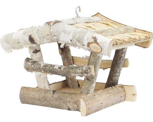 Rustikales Vogelhaus aus Birkenholz mit Rinde, mit Giebeldach und Haken zum Aufhängen.
