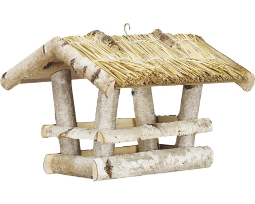Vogelhaus aus Birkenholz mit Strohdach und Haken zum Aufhängen.
