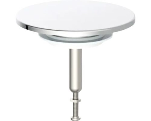 Waschbeckenstöpsel mit weißer Abdeckung und verstellbarem Metallschaft.