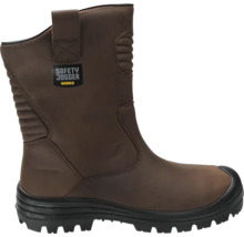 Brauner Leder-Sicherheitsstiefel mit schwarzer Profilsohle und seitlichen Schlaufen von Safety Jogger Works.