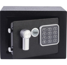 Yale Tresor mit elektronischem Zahlenschloss, Tastatur, Drehgriff, Verriegelungsbolzen und Yale Logo.