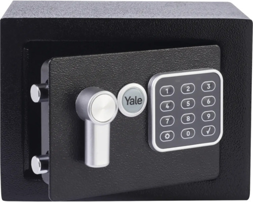 Yale Tresor mit elektronischem Zahlenschloss, Tastatur, Drehgriff, Verriegelungsbolzen und Yale Logo.