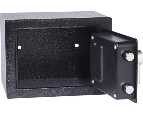 Schwarzer Möbeltresor aus Metall mit geöffneter Tür und zwei Verriegelungsbolzen.