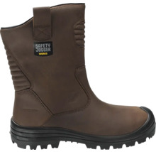 Brauner Sicherheitsstiefel aus Leder von Safety Jogger mit schwarzer Sohle und Zehenschutz.