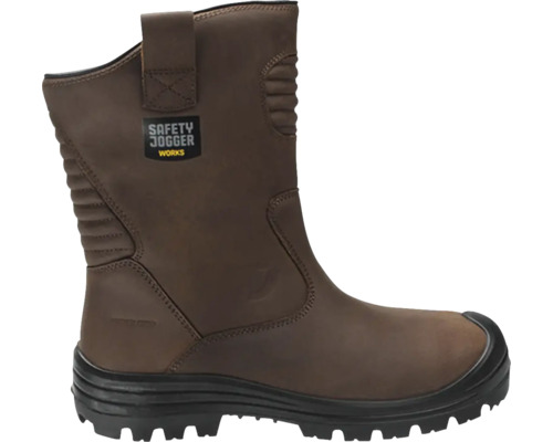 Brauner Sicherheitsstiefel aus Leder von Safety Jogger mit schwarzer Sohle und Zehenschutz.
