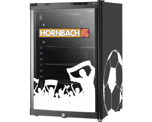 Mini Kühlschrank mit Glastür, Hornbach Logo und Fußball Fan Grafik, schwarz, Cubes