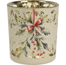 Windlicht aus Glas mit weihnachtlichem Mistelzweig-Motiv, roter Schleife und goldener Innenseite.
