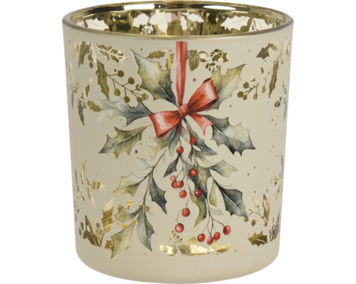 Windlicht aus Glas mit weihnachtlichem Mistelzweig-Motiv, roter Schleife und goldener Innenseite.