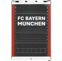 Roter Getränkekühlschrank mit FC Bayern München Logo auf der Glastür, Cubes Logo und Gitterregalen.