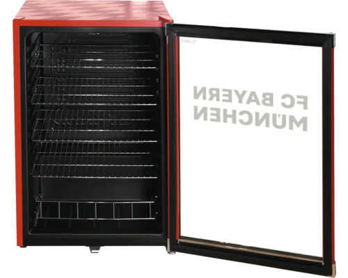Mini-Kühlschrank mit Glastür, FC Bayern München Logo und Gitterablagen.