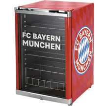 Roter FC Bayern München Mini-Kühlschrank mit Glastür, Rautenmuster und FC Bayern München Logo.