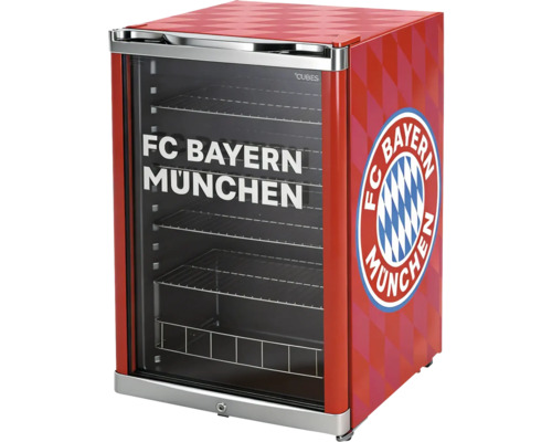 Roter FC Bayern München Mini-Kühlschrank mit Glastür, Rautenmuster und FC Bayern München Logo.