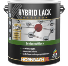 Hornbach Hybrid Lack Seidenmattlack für innen und außen, wasserverdünnbar, DuoPro Technologie. Hornbach Logo.