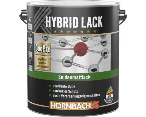 Hornbach Hybrid Lack Seidenmattlack für innen und außen, wasserverdünnbar, DuoPro Technologie. Hornbach Logo.