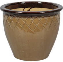 Glasierter Keramik-Übertopf mit Rautenmuster am oberen Rand.