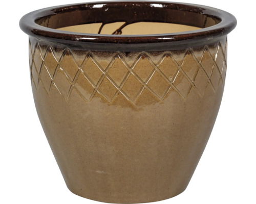 Glasierter Keramik-Übertopf mit Rautenmuster am oberen Rand.