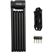 Schwarzes Master Lock Faltschloss-Set für Fahrräder mit Halterung und vier Schlüsseln.