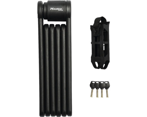 Schwarzes Master Lock Faltschloss-Set für Fahrräder mit Halterung und vier Schlüsseln.