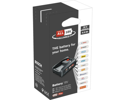 Verpackung Bosch 18 Volt Lithium-Ionen-Akku mit 4,0 Amperestunden der Power for All Alliance.