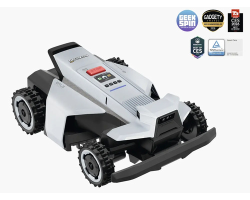 Segway Navimow Mähroboter in Weiß und Schwarz mit Geländereifen, Bedienfeld, Stopp-Taste und Auszeichnungen für Innovation.