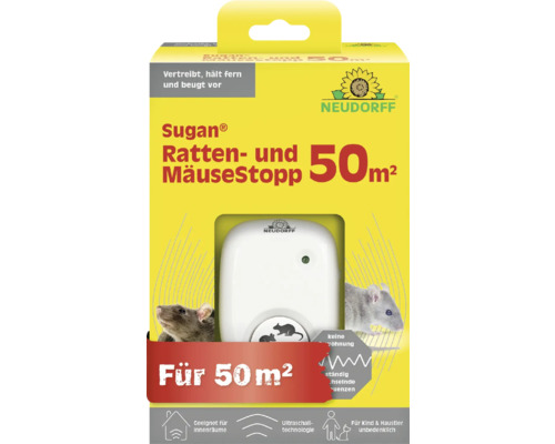 Neudorff Sugan Ratten- und MäuseStopp Ultraschallgerät für bis zu 50 Quadratmeter in der Verkaufsverpackung.
