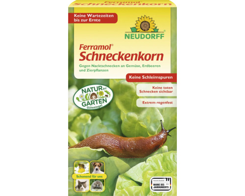 Neudorff Ferramol Schneckenkorn Verpackung mit Abbildung einer Schnecke auf Salatblättern, Natur im Garten Gütesiegel und Tierschutzsymbolen.