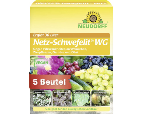 Neudorff Netz-Schwefelit WG gegen Pilzkrankheiten an Weinreben, Zierpflanzen, Gemüse und Obst, 5 Beutel für 30 Liter, Neudorff Logo, vegan.