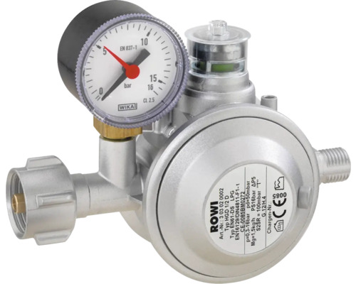 ROWI Gasdruckregler für Flüssiggas mit Manometer, aus Metall.