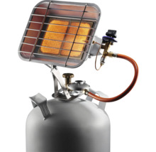 Gasstrahler montiert auf einer Gasflasche mit Schutzgitter und Gasschlauch.