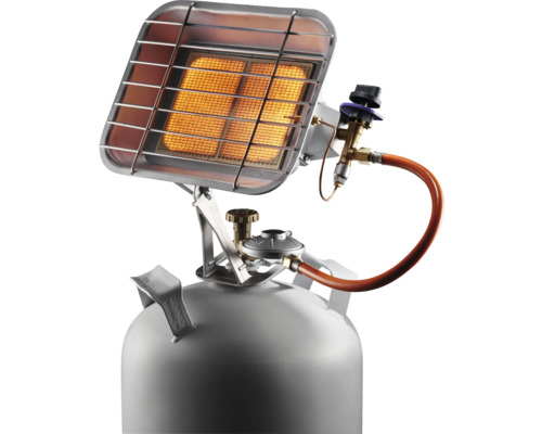 Gasstrahler montiert auf einer Gasflasche mit Schutzgitter und Gasschlauch.