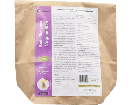 Beutel mit 12.500 Raubmilben gegen Vogelmilben und Blutmilben von Garten und Bienen, biologische Schädlingsbekämpfung für einen gesunden Haushalt.