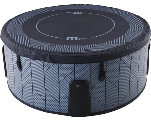 MSpa aufblasbarer Whirlpool rund mit geometrischem Muster, Abdeckung und MSpa Logo.
